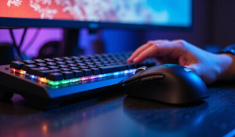 A gamer's hands on a high-performance gaming keyboard and mouse, illustrating precision and quality
