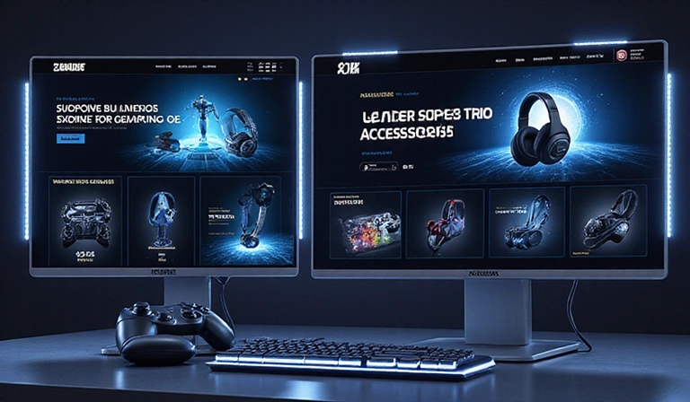 A futuristic vision of an online gaming accessories store, representing leadership and innovation