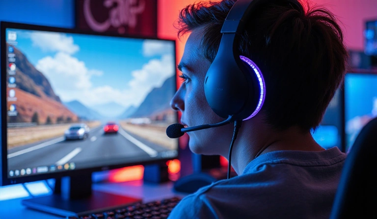 A person wearing a gaming headset, focused on a computer screen, representing the passion for gaming