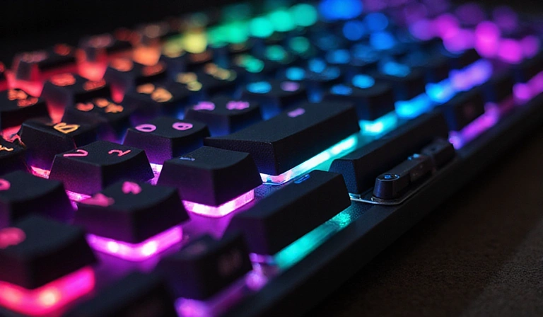 A mechanical keyboard with colorful RGB backlighting, showcasing different keycap profiles and a metal frame.
