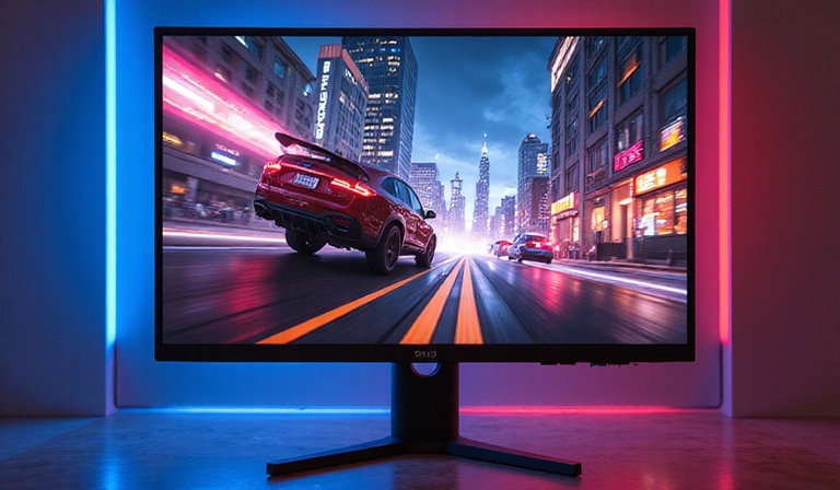 A sleek, modern gaming monitor displaying a high-refresh-rate game scene, with vibrant colors and sharp details.
