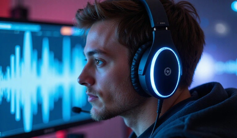 A person wearing a high-fidelity gaming headset, immersed in a game, with vibrant sound waves emanating.