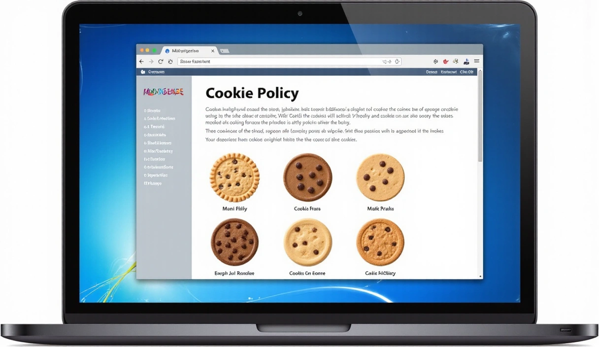 Illustration of a website with various cookie icons representing different types of cookies