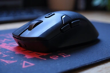 A high-precision gaming mouse on a large, illuminated mousepad.