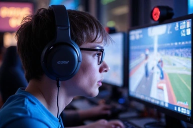 A gamer wearing a headset, focused on a monitor displaying a competitive game.