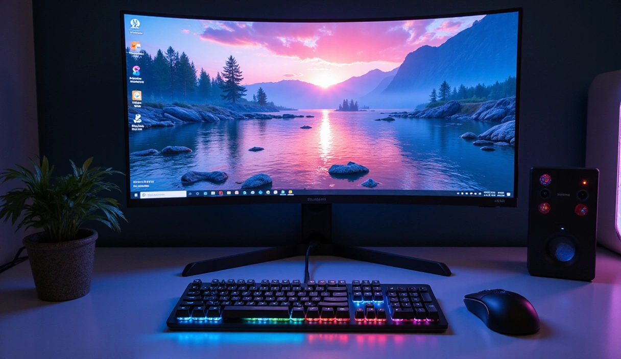 A modern gaming setup with an ergonomic mouse, mechanical keyboard, and high-refresh-rate monitor.