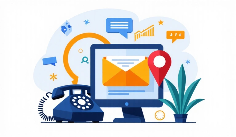 Contact us illustration with email icon, phone, and location pin