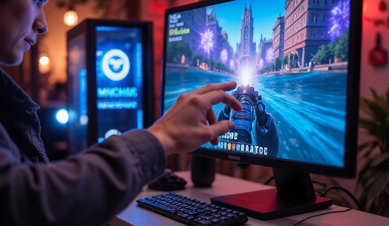 Hand adjusting gaming monitor settings with a gaming setup in the background