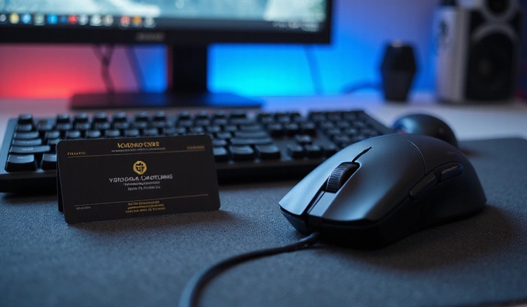 Warranty card with a gaming mouse and keyboard