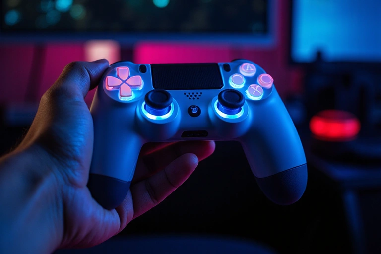 Close-up of a hand holding a glowing gaming controller, symbolizing intellectual property in gaming accessories